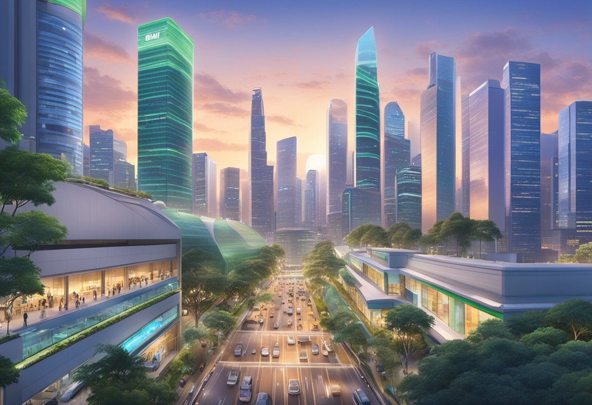 A bustling cityscape with the iconic skyline of Singapore, featuring modern skyscrapers and the bustling activity of the iqiyi headquarters