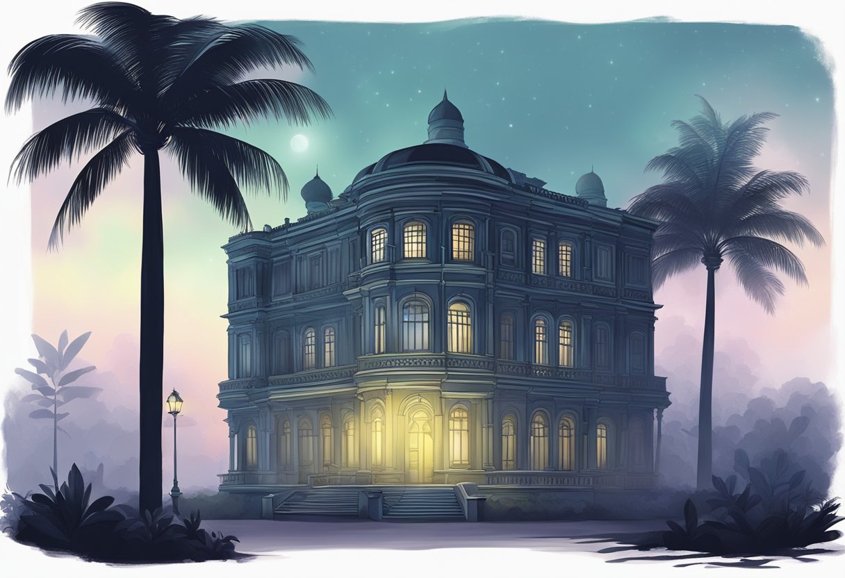 Mysterious mist surrounds old colonial building in Singapore, with eerie shadows and flickering lights