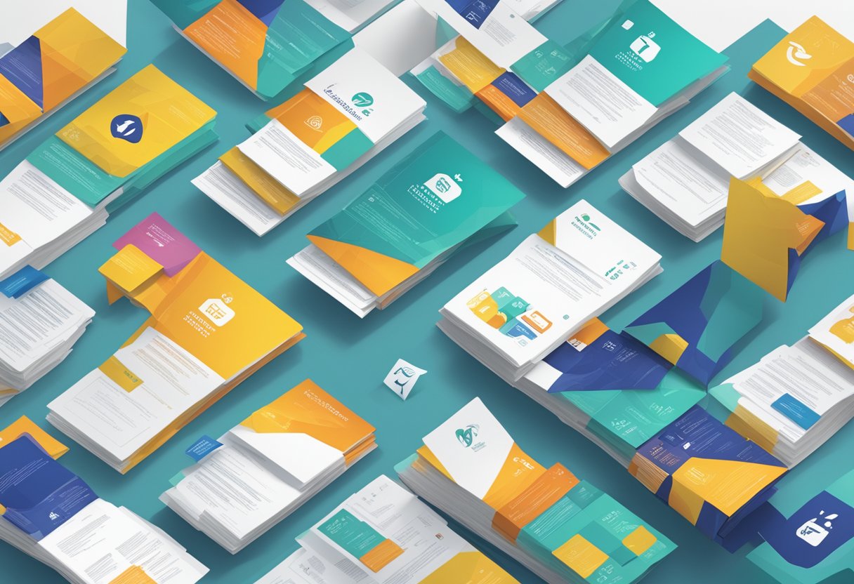 A stack of FAQ brochures with the IBF Singapore logo, surrounded by a diverse group of financial symbols and icons