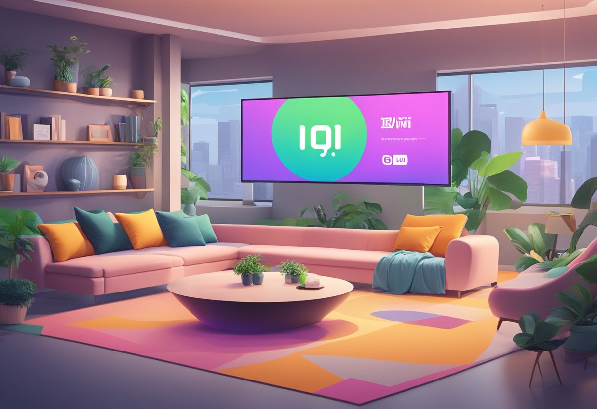 A colorful array of iQIYI Singapore's content displayed on a digital screen, surrounded by comfortable seating and modern decor