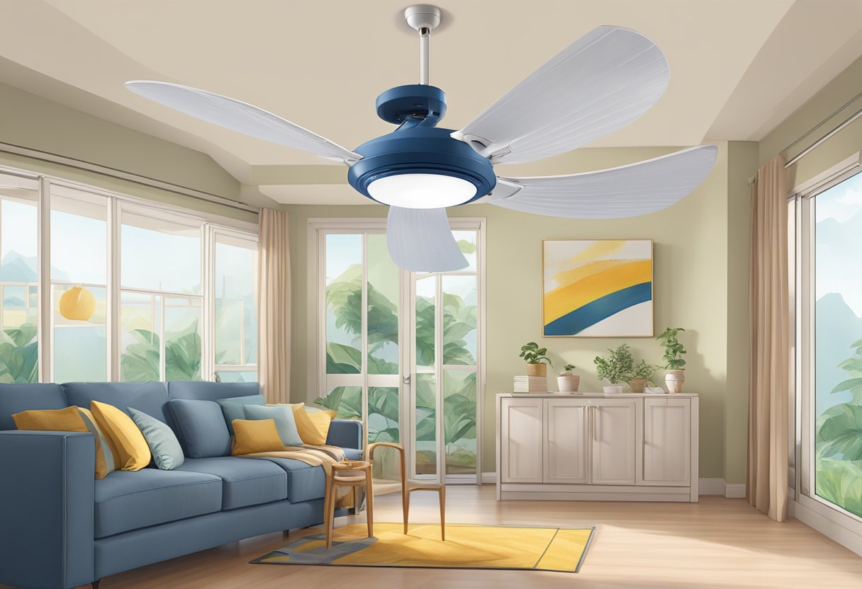 A kdk fan spinning on a ceiling in a Singaporean home