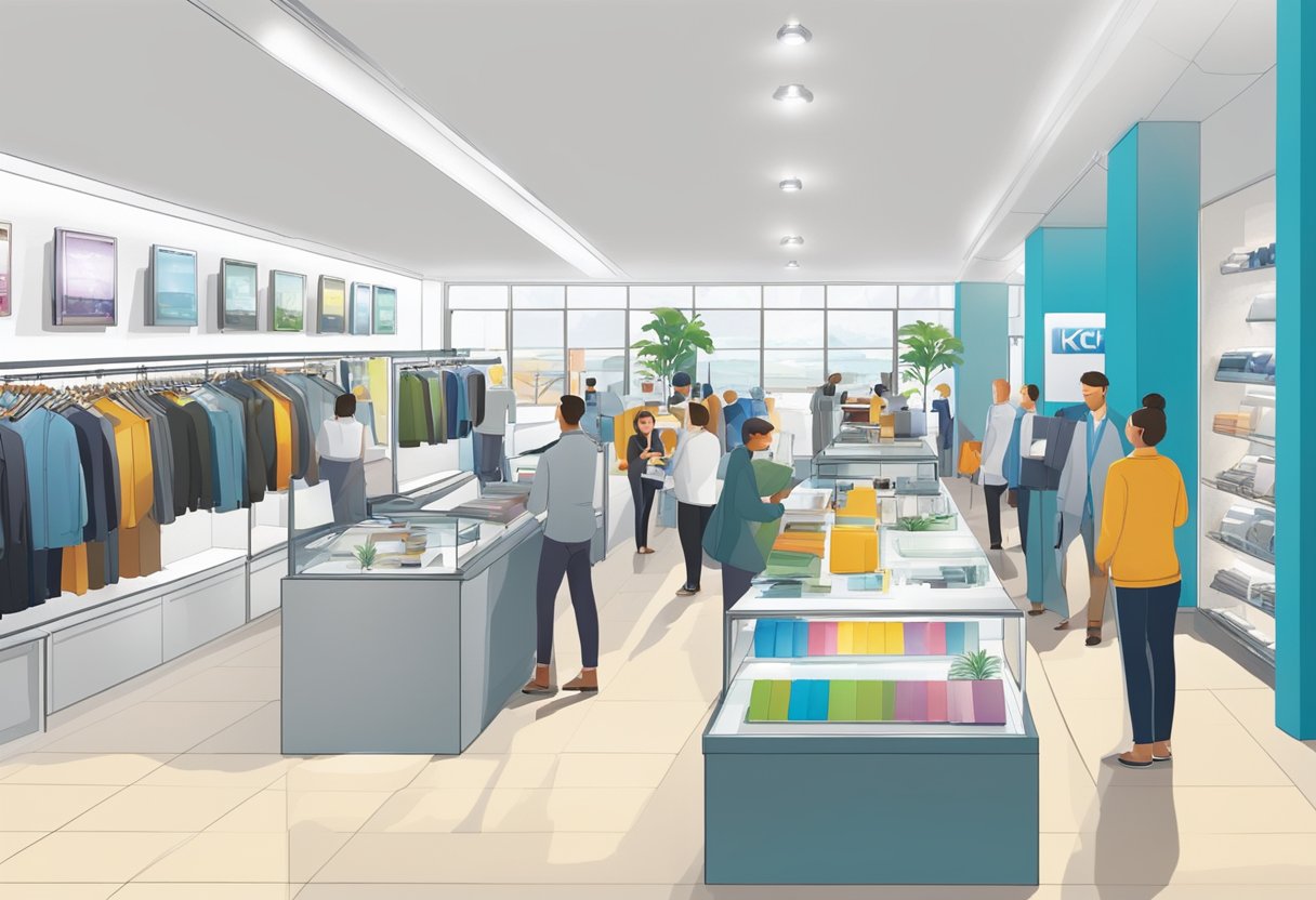 A bustling showroom with various KDK fans on display, customers browsing and staff assisting. Bright lighting and modern decor create a welcoming atmosphere