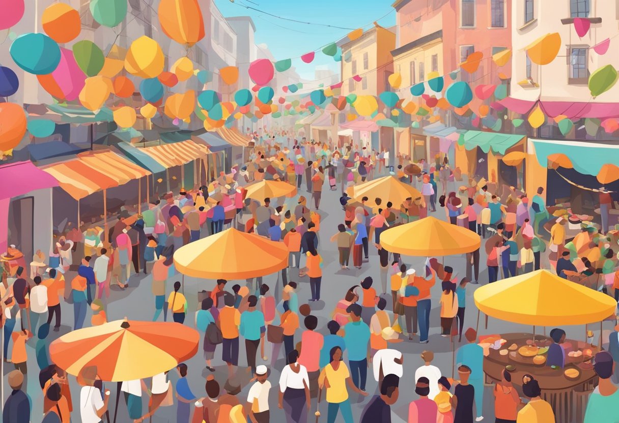 Crowds gather at a vibrant street festival, with colorful decorations and traditional performances. The atmosphere is lively and joyful, with people enjoying food and entertainment