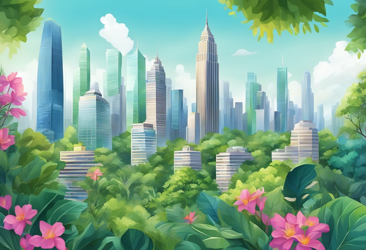 A bustling cityscape with iconic skyscrapers and modern architecture, surrounded by lush greenery and a vibrant urban atmosphere