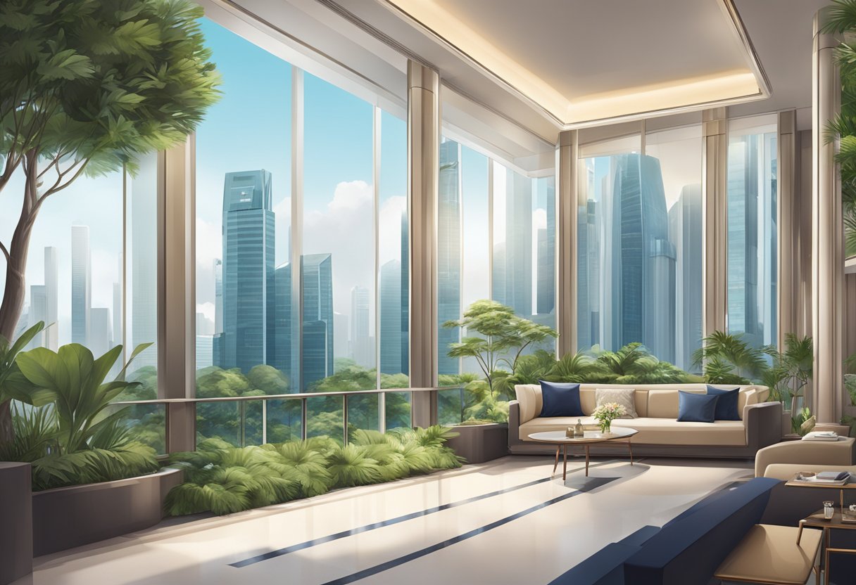 A luxurious Singapore hotel with a grand entrance, sleek modern architecture, lush greenery, and a stunning city skyline in the background