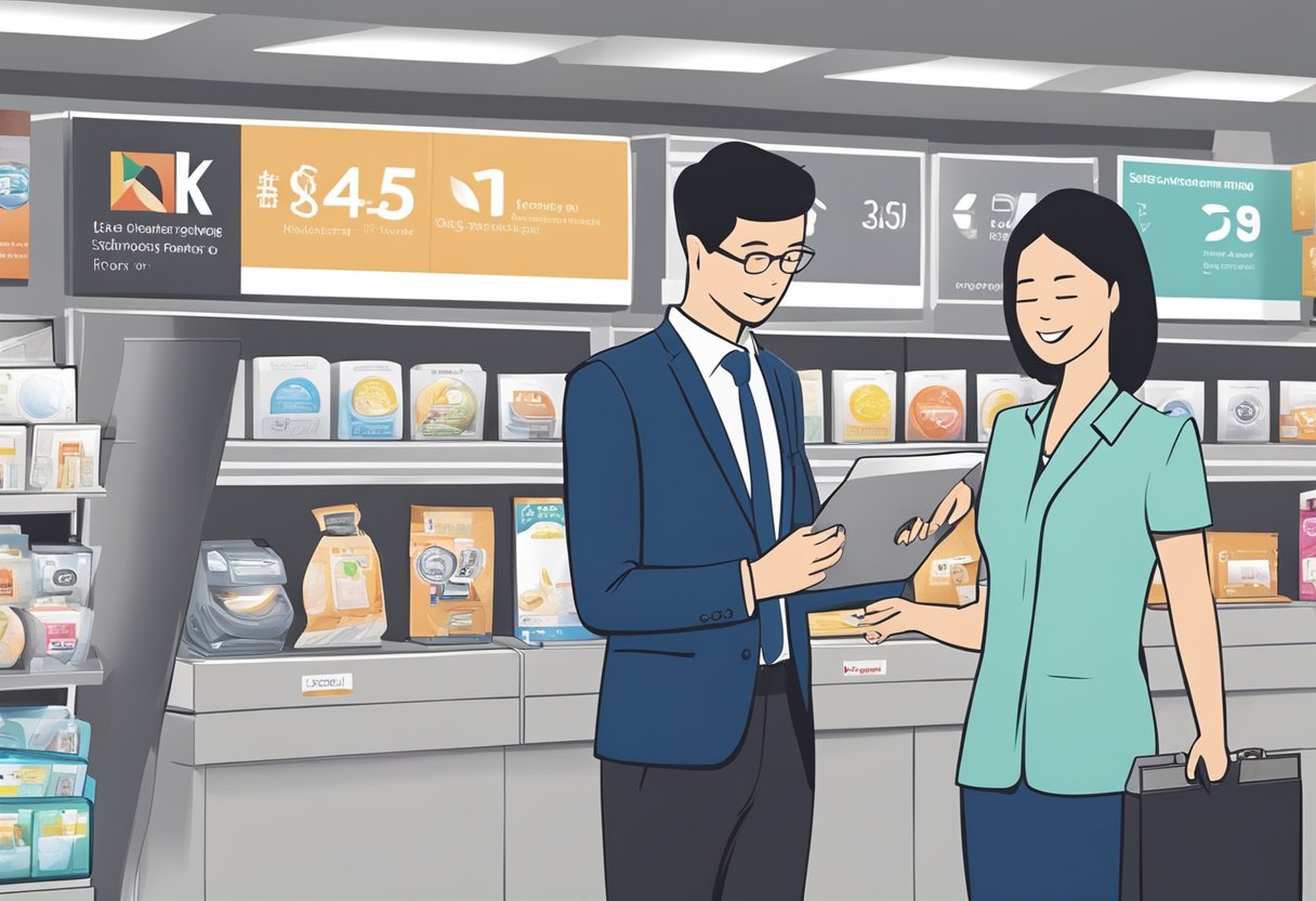 A customer selects a KDK fan from a display while a salesperson offers assistance at a store in Singapore