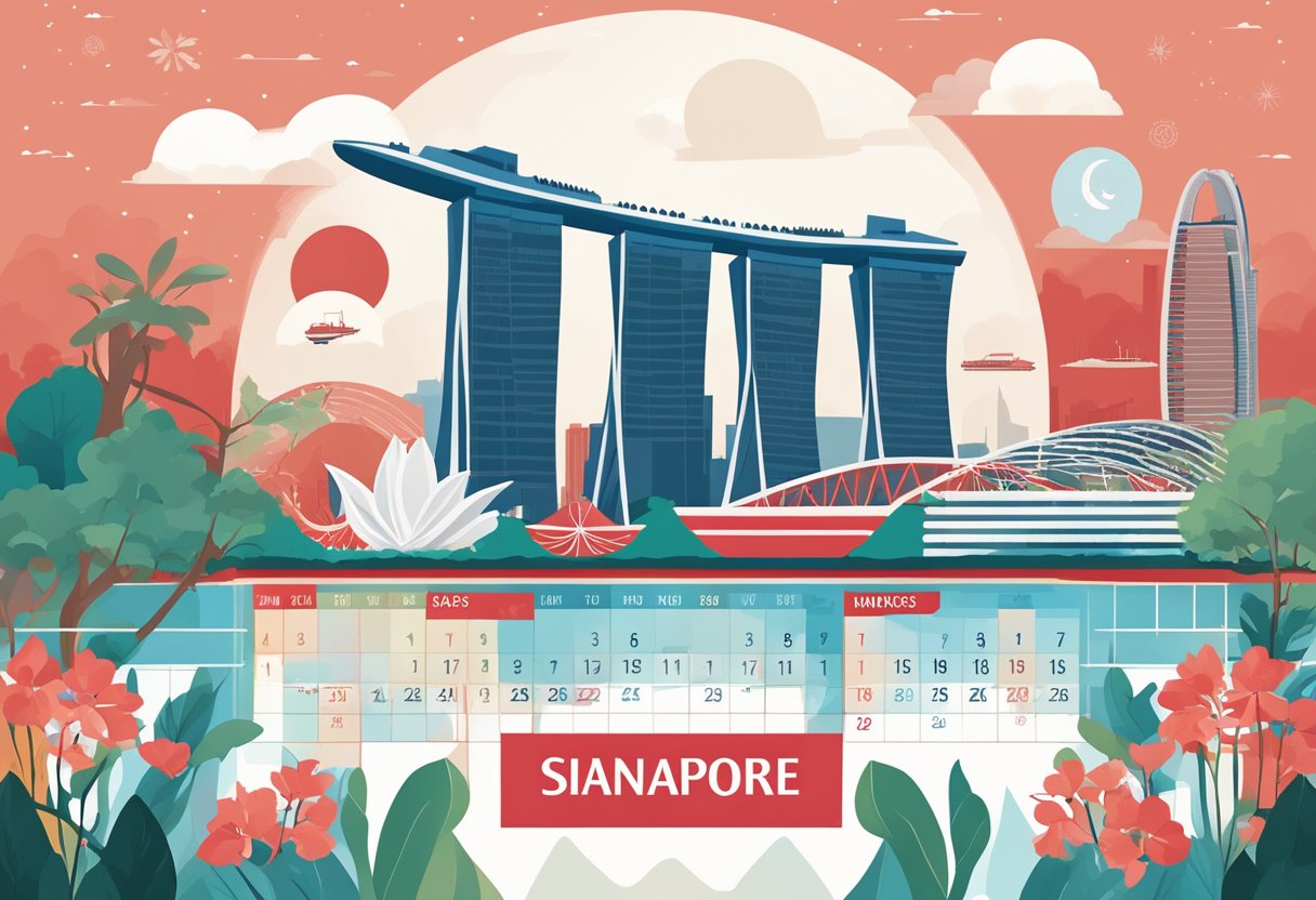 A calendar with Singapore public holidays highlighted in red, surrounded by iconic landmarks like the Marina Bay Sands and Gardens by the Bay