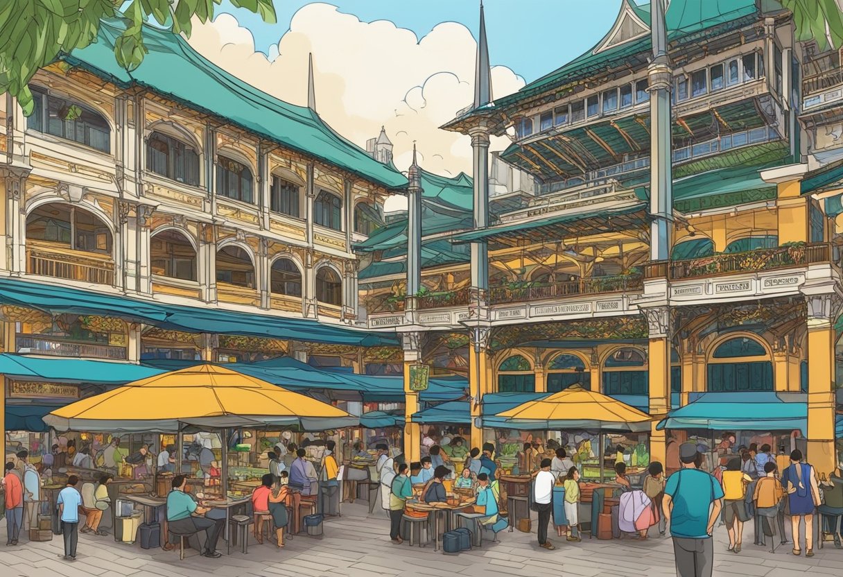 Lau Pa Sat, Singapore: bustling hawker center with colorful food stalls under ornate Victorian cast-iron structure