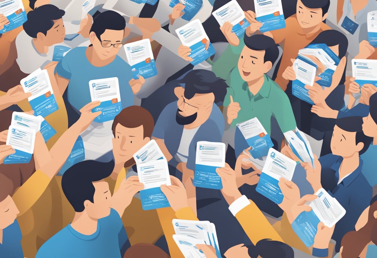 A stack of FAQ cards with the KDK fan logo, surrounded by a group of people in Singapore, all pointing and looking at the cards