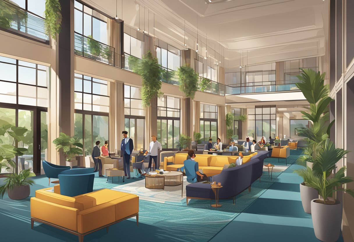 A bustling hotel lobby with sleek modern decor, guests lounging in comfortable seating, and staff attending to their needs