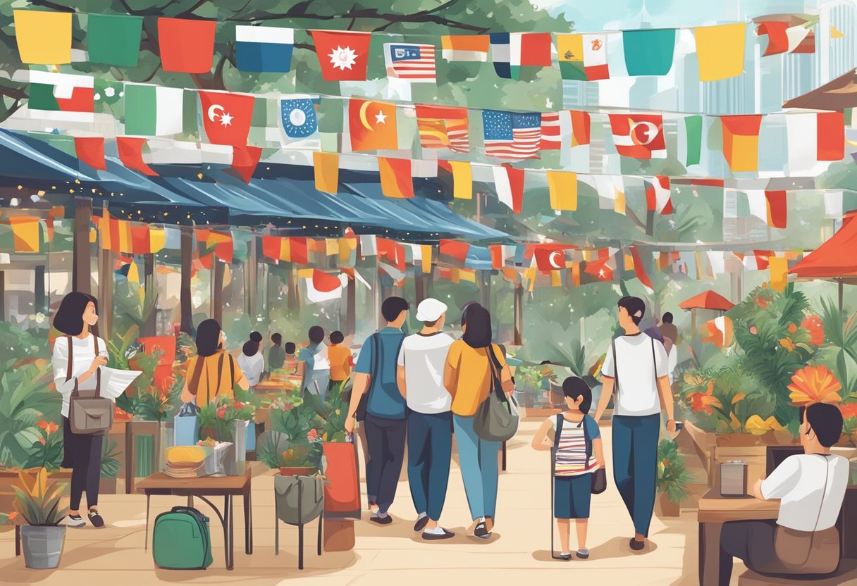 People in Singapore plan for public holidays, with a calendar showing dates and events. Flags and festive decorations are displayed