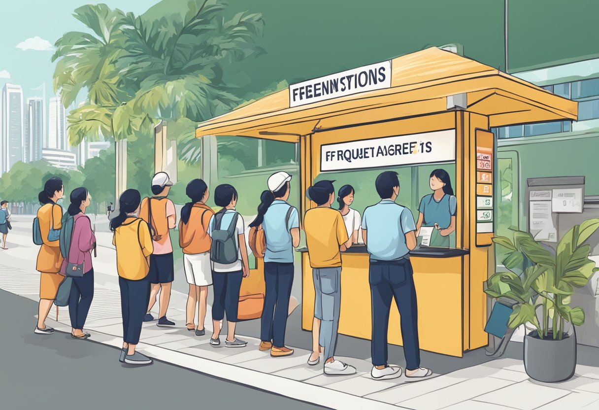 People lining up at a tourist information booth, with a sign displaying "Frequently Asked Questions" about Singapore public holidays