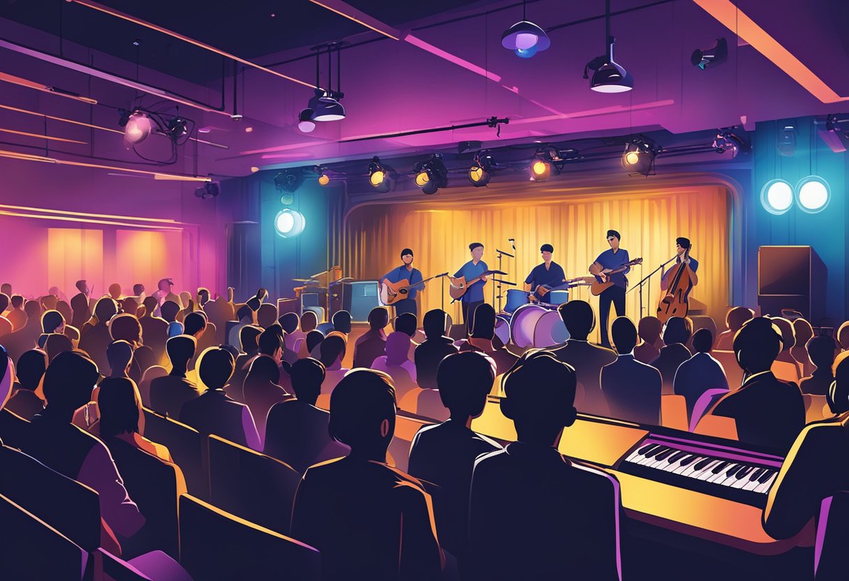Colorful stage with vibrant lights, amplifiers, and musical instruments. Audience enjoying live music in a cozy venue in Singapore