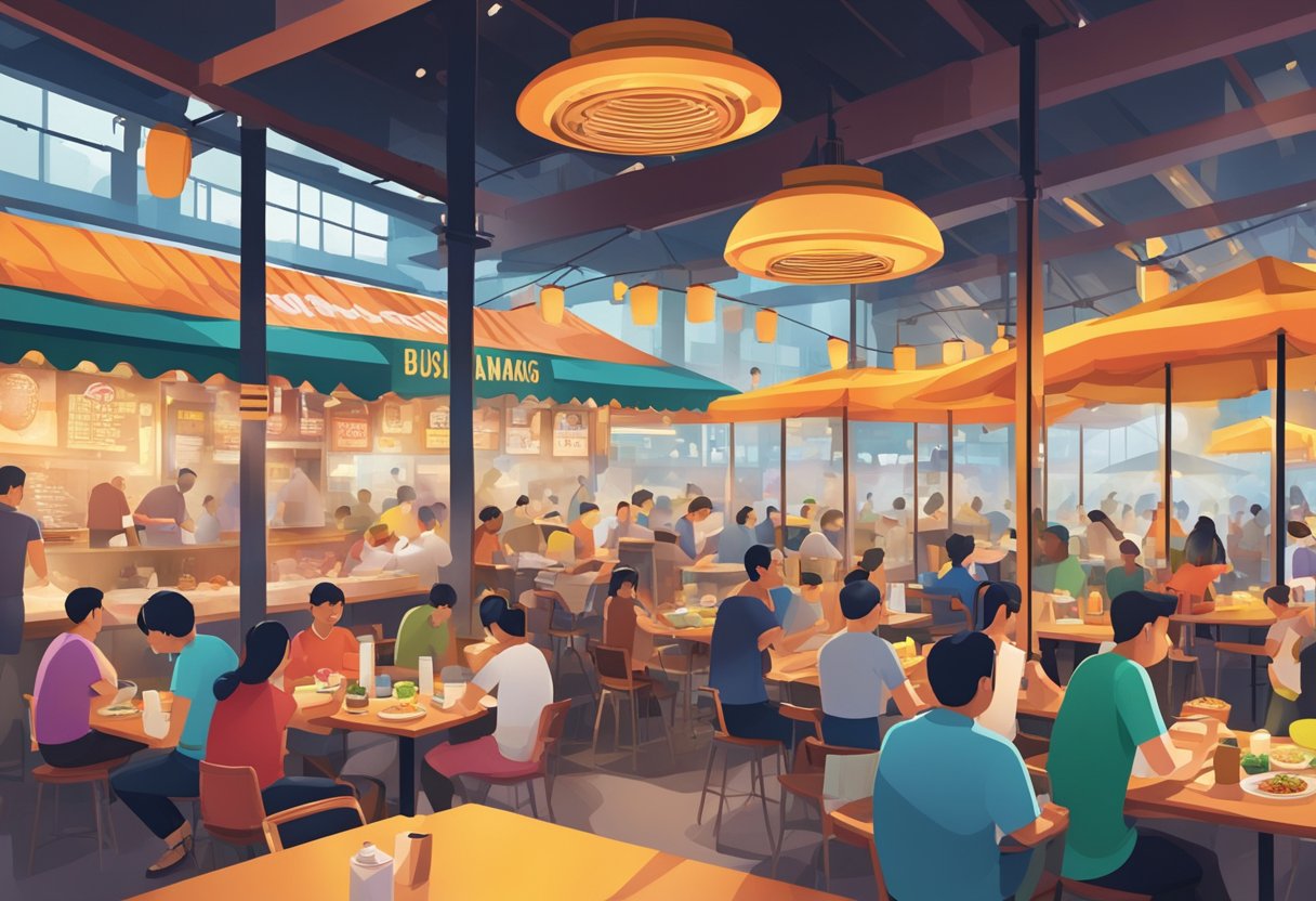A bustling hawker center with a variety of food stalls, colorful signage, and steam rising from sizzling woks. Tables filled with diners enjoying a vibrant culinary experience