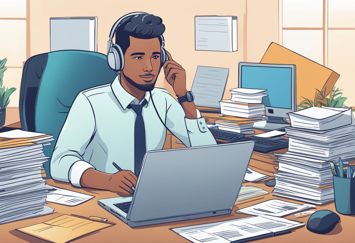 A customer service representative answering questions at a desk with a computer and phone, surrounded by a stack of FAQ documents