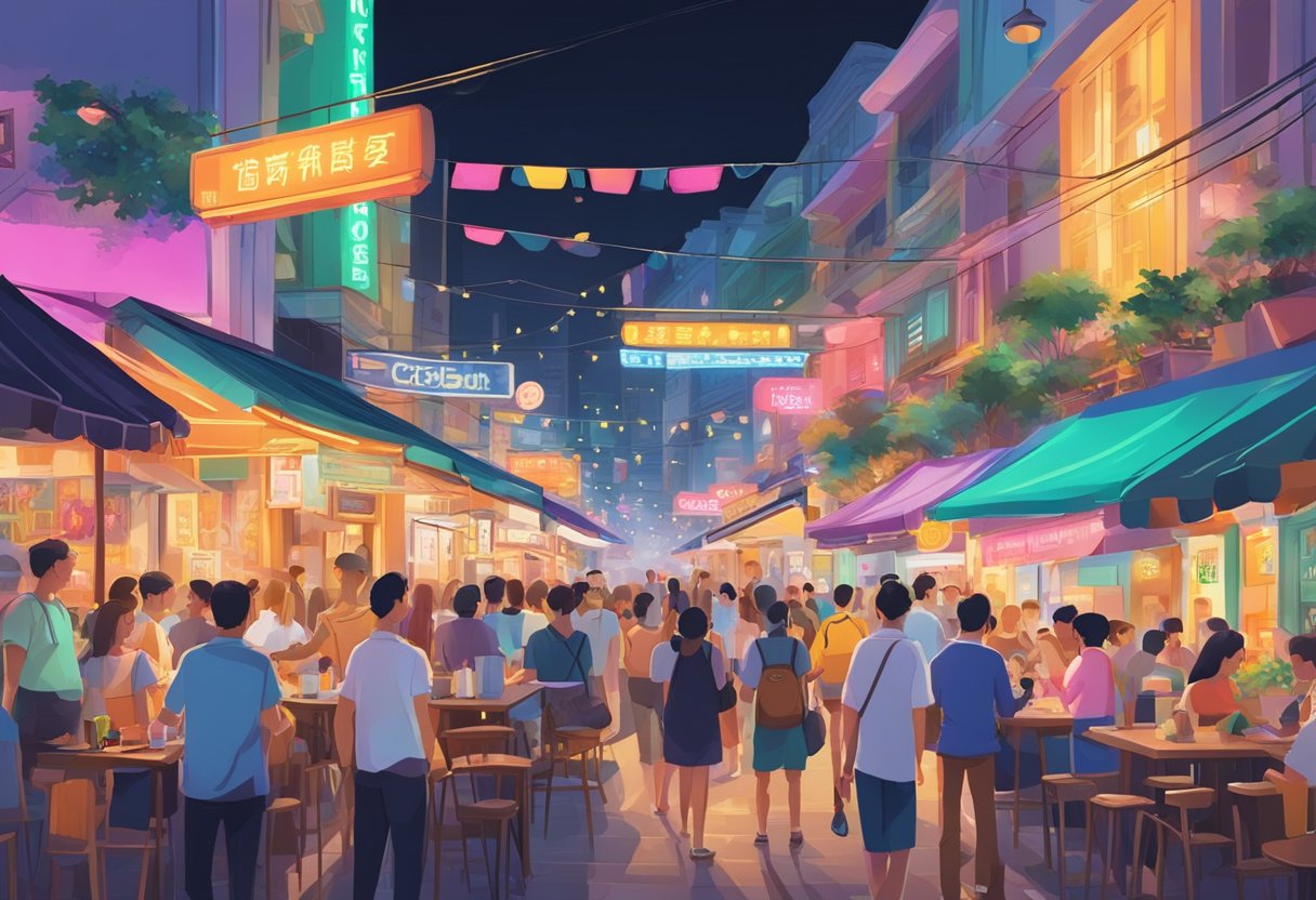 A bustling street in Singapore with colorful neon signs, crowded outdoor cafes, and lively music spilling out from open doors
