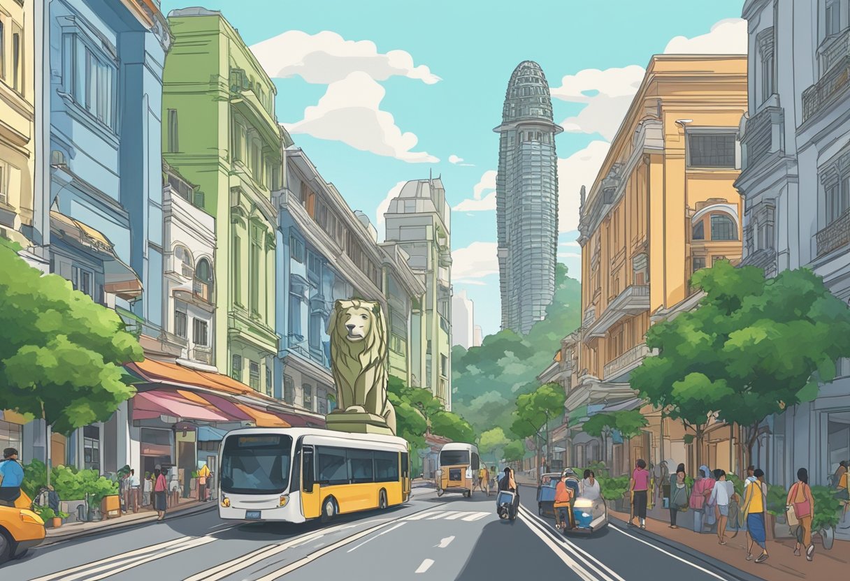 A bustling street in Singapore, with colorful shophouses and lush greenery lining the road. The iconic Merlion statue stands tall in the distance