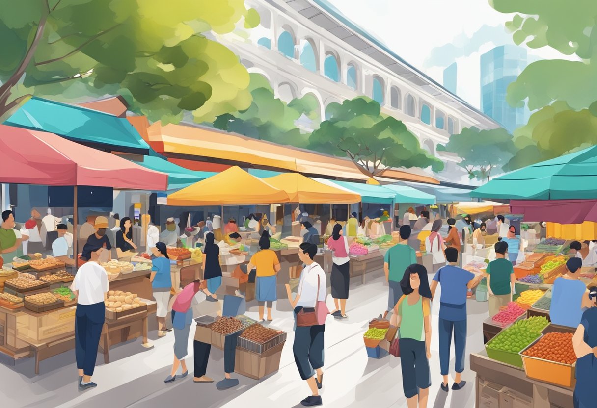 A bustling food market in Lau Pa Sat, Singapore, with colorful stalls, lively customers, and a mix of traditional and modern architecture