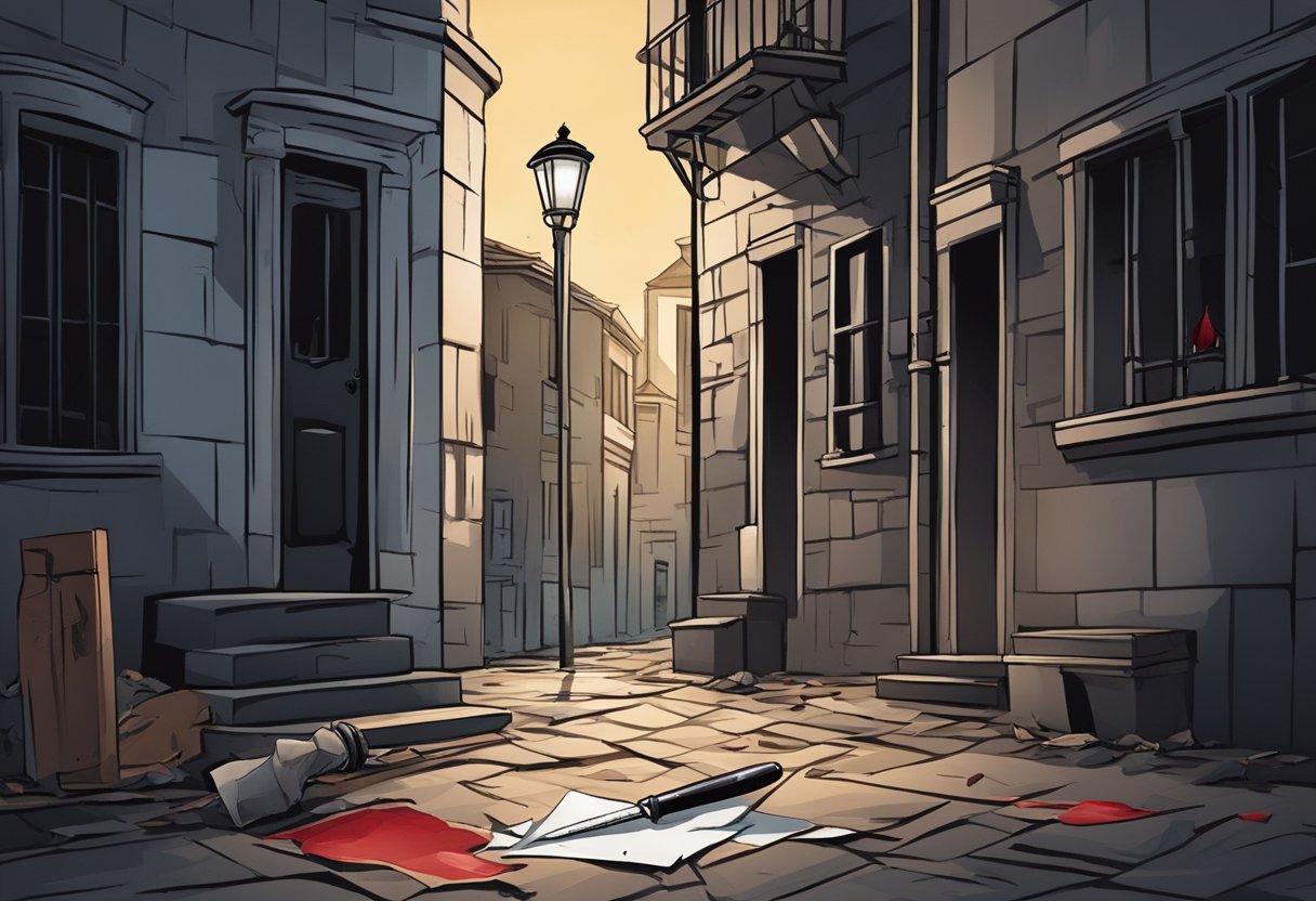 A dark alley with a single streetlight illuminating a blood-stained knife and a crumpled note on the ground