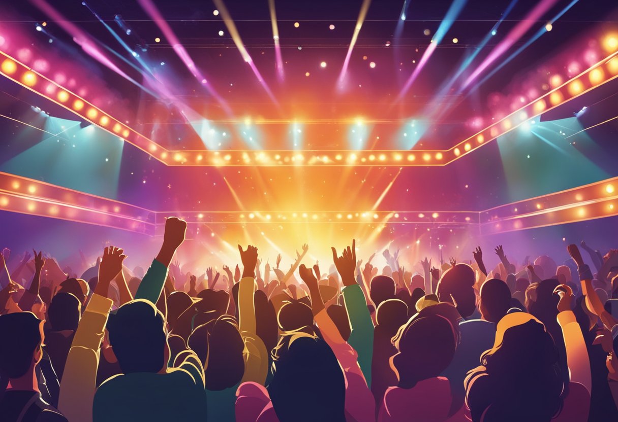 Colorful stage lights illuminate a crowded concert venue. A band rocks out on stage, while the audience dances and cheers