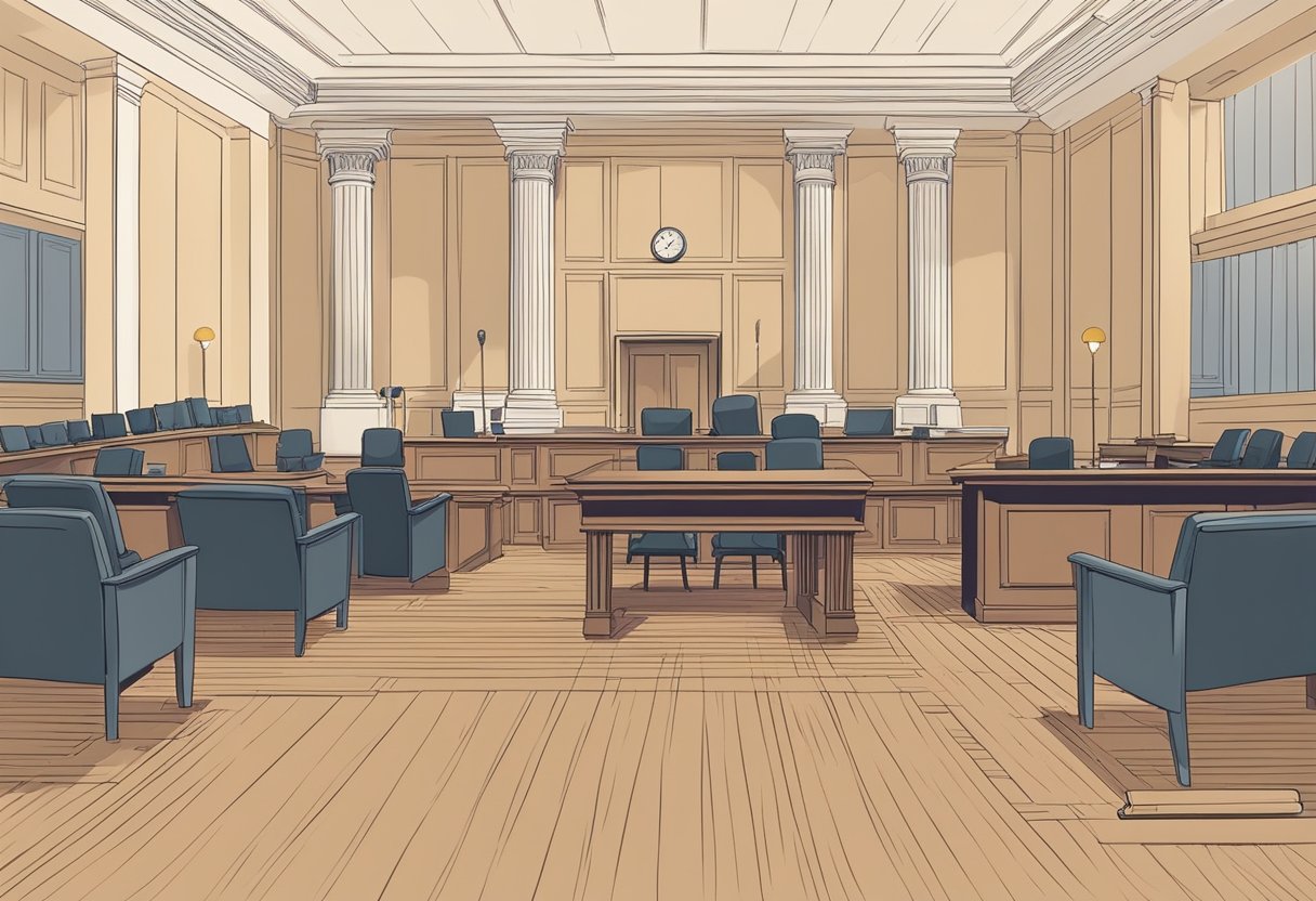 Legal proceedings: courtroom with judge, lawyers, and witnesses. Aftermath: empty courtroom with evidence boxes and scattered papers