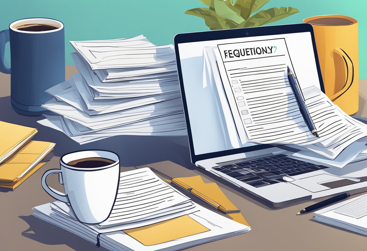 A stack of papers with "Frequently Asked Questions" on top, surrounded by a laptop, pen, and cup of coffee