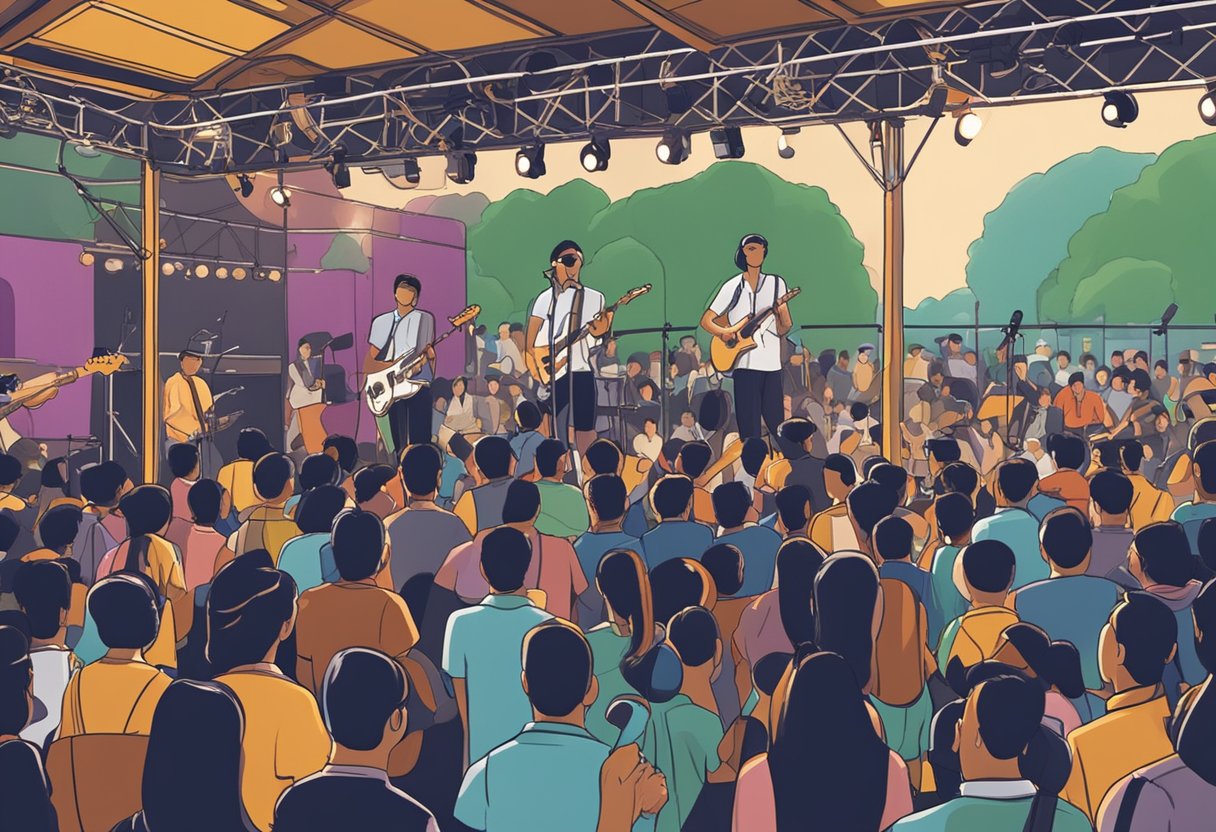 A stage with instruments, microphones, and a crowd of people enjoying live music in Singapore