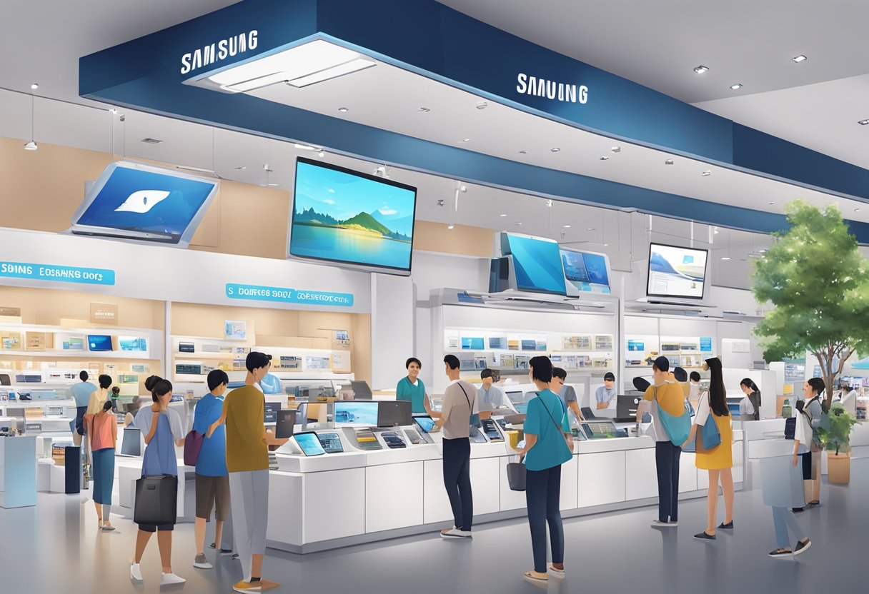 A bustling Samsung shop in Singapore, with sleek displays and customers exploring the latest gadgets and technology