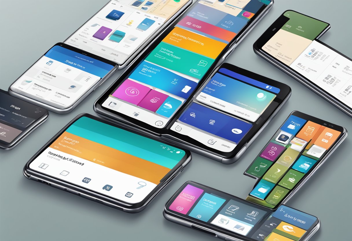 A smartphone with the Samsung Shop app open, displaying various product categories and features, with a sleek and modern interface