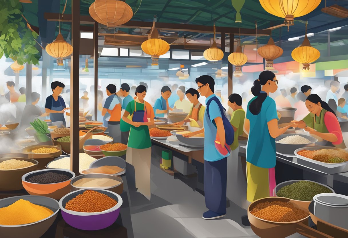 A bustling hawker center with steaming pots, colorful spices, and fragrant curries at Nasi Kandar Singapore