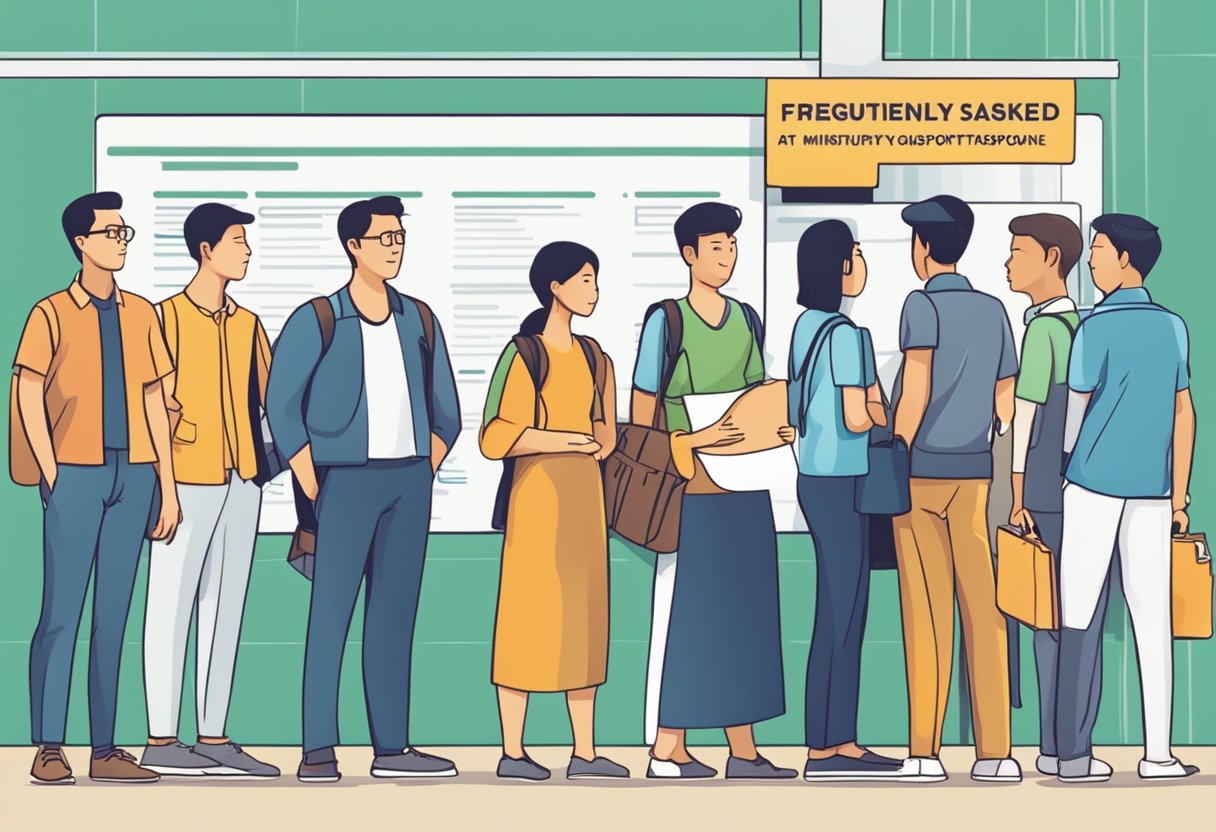 A group of people standing in line at the Ministry of Transport in Singapore, with a prominent sign displaying "Frequently Asked Questions."
