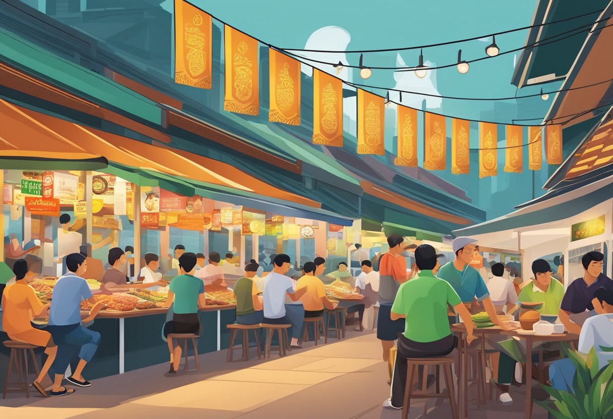 A bustling hawker center in Singapore, filled with the aroma of spices and sizzling meats. Colorful banners and signs advertise the origins and influences of Nasi Kandar cuisine
