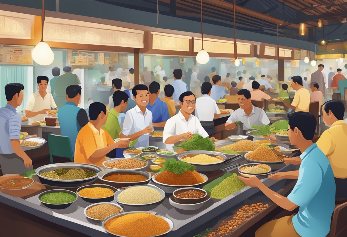 A bustling nasi kandar restaurant in Singapore, filled with aromatic spices, colorful dishes, and bustling customers enjoying a traditional dining experience