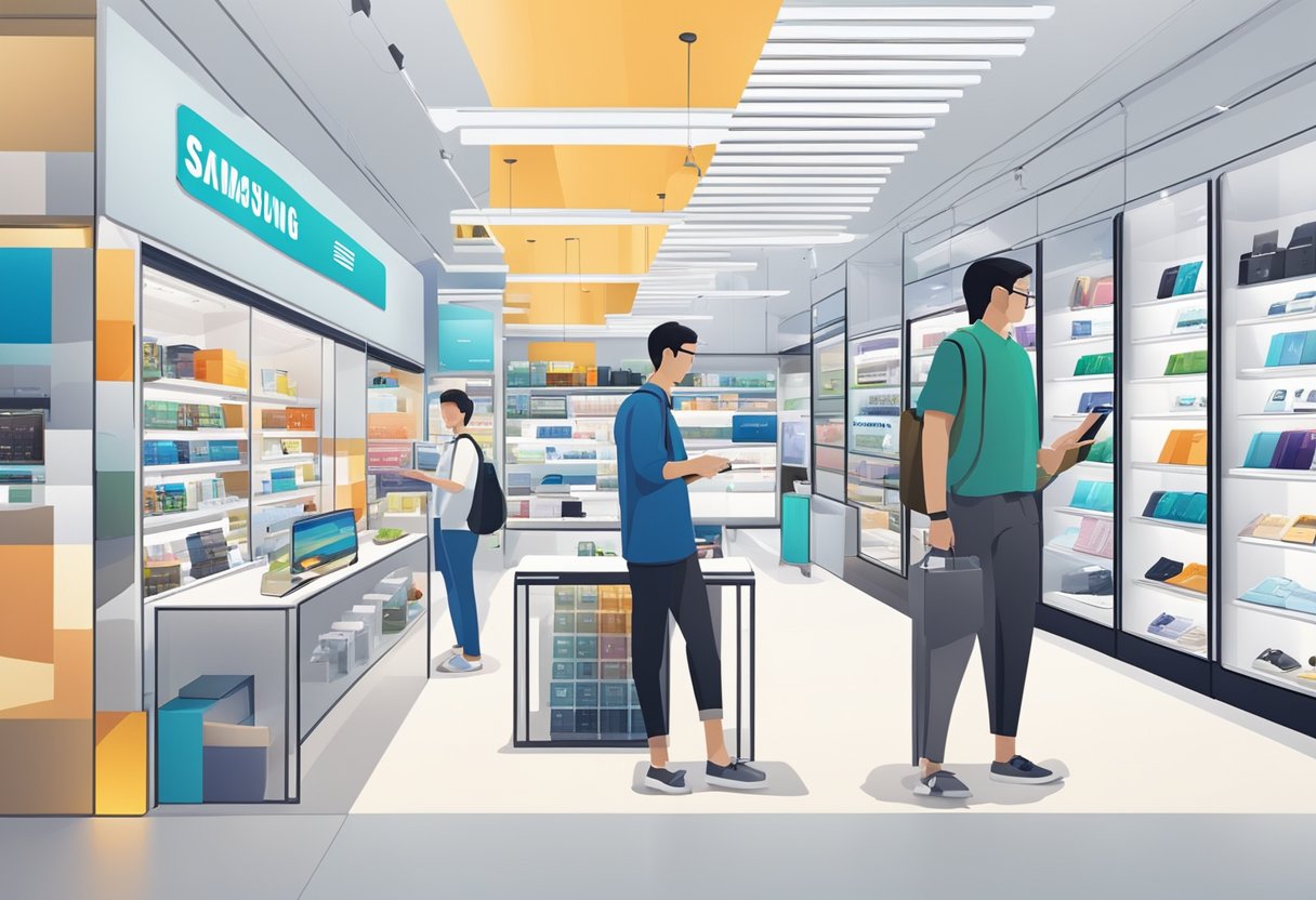 Customers browsing Samsung products in a modern Singapore shop, with a prominent "Frequently Asked Questions" section
