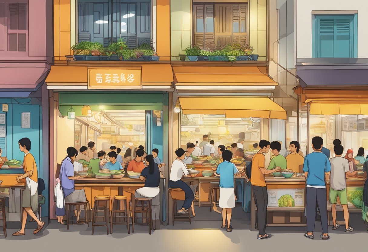 A bustling nasi kandar restaurant in Singapore, with colorful dishes on display, customers lining up, and a busy staff serving food