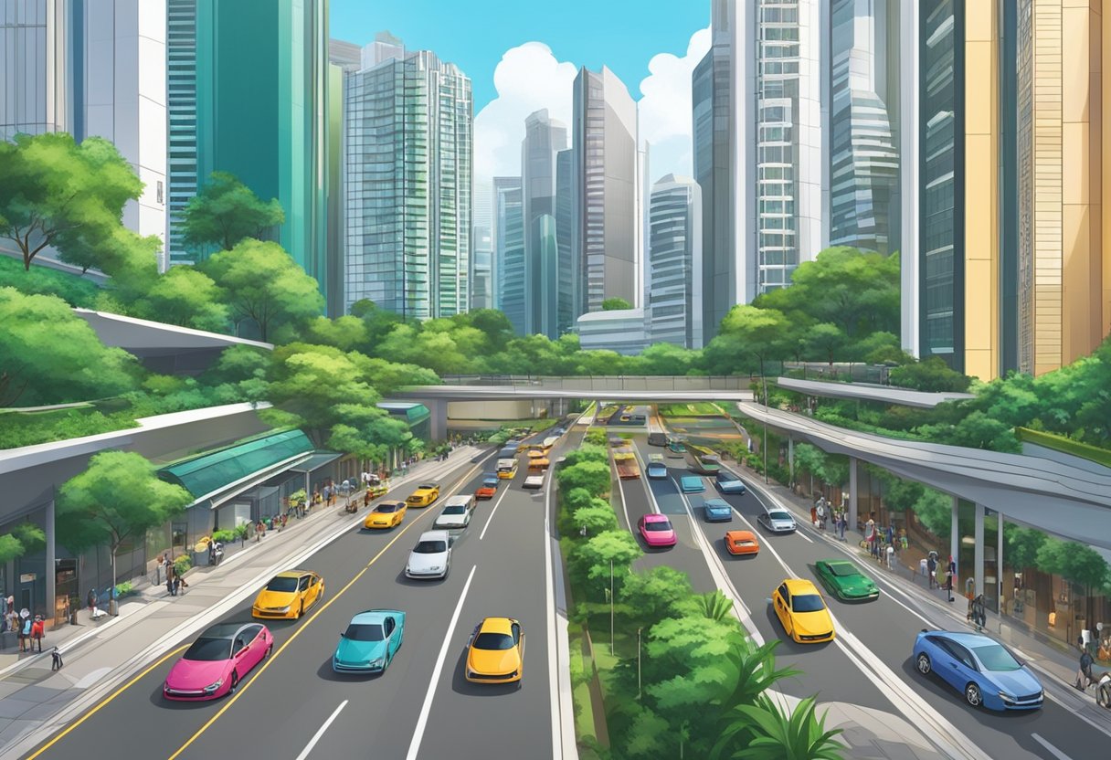 Cars moving on a busy Singapore street, surrounded by towering buildings and lush greenery