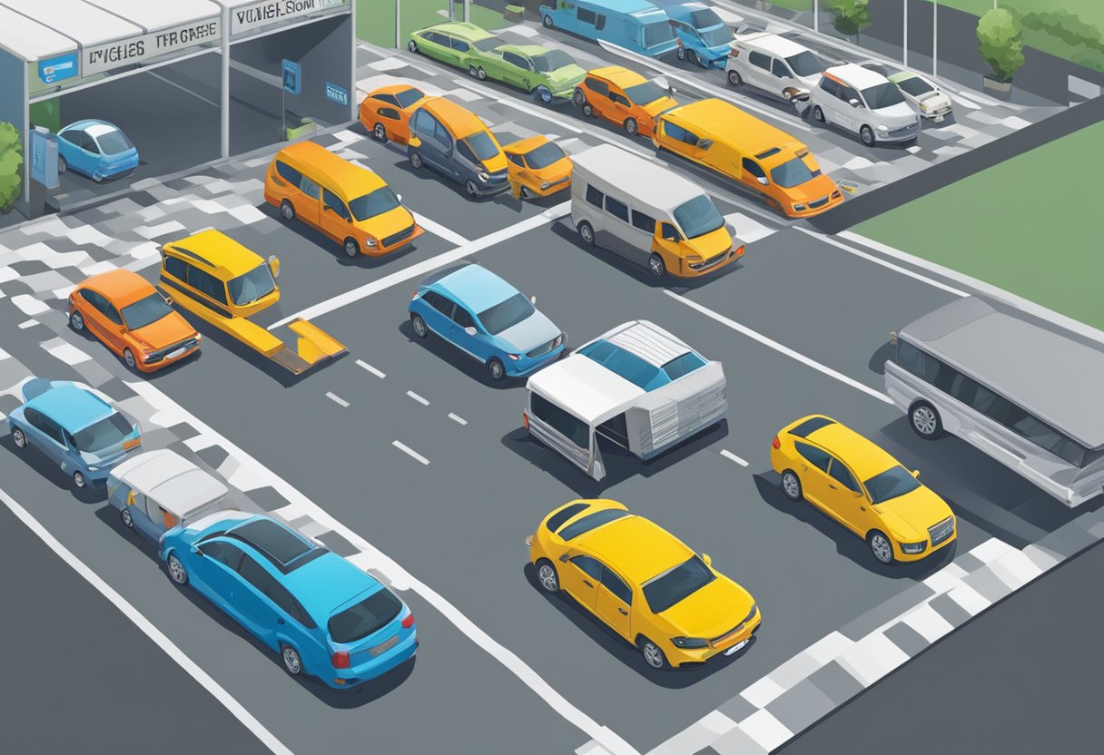 Foreign vehicles line up at a Singapore checkpoint. Signs display important motoring information