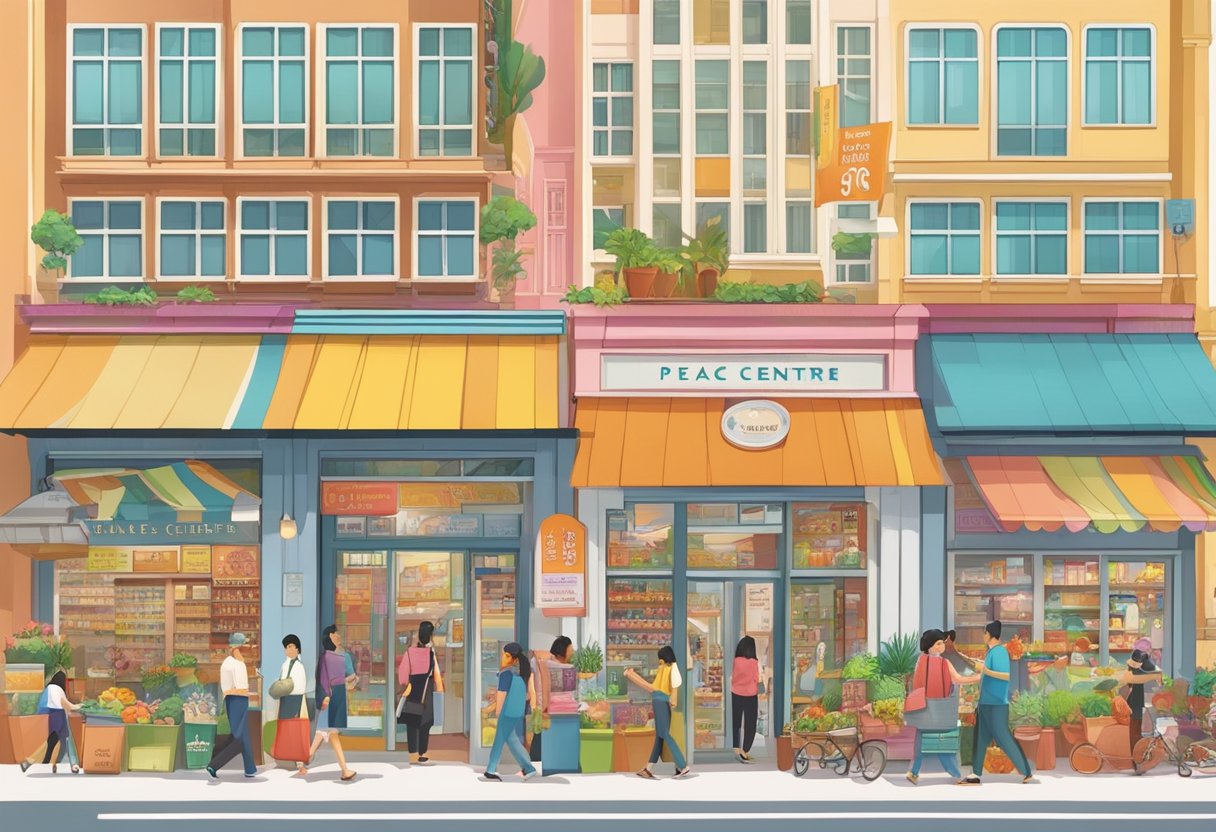 The Peace Centre in Singapore bustles with diverse shoppers and vendors, surrounded by colorful storefronts and vibrant signage