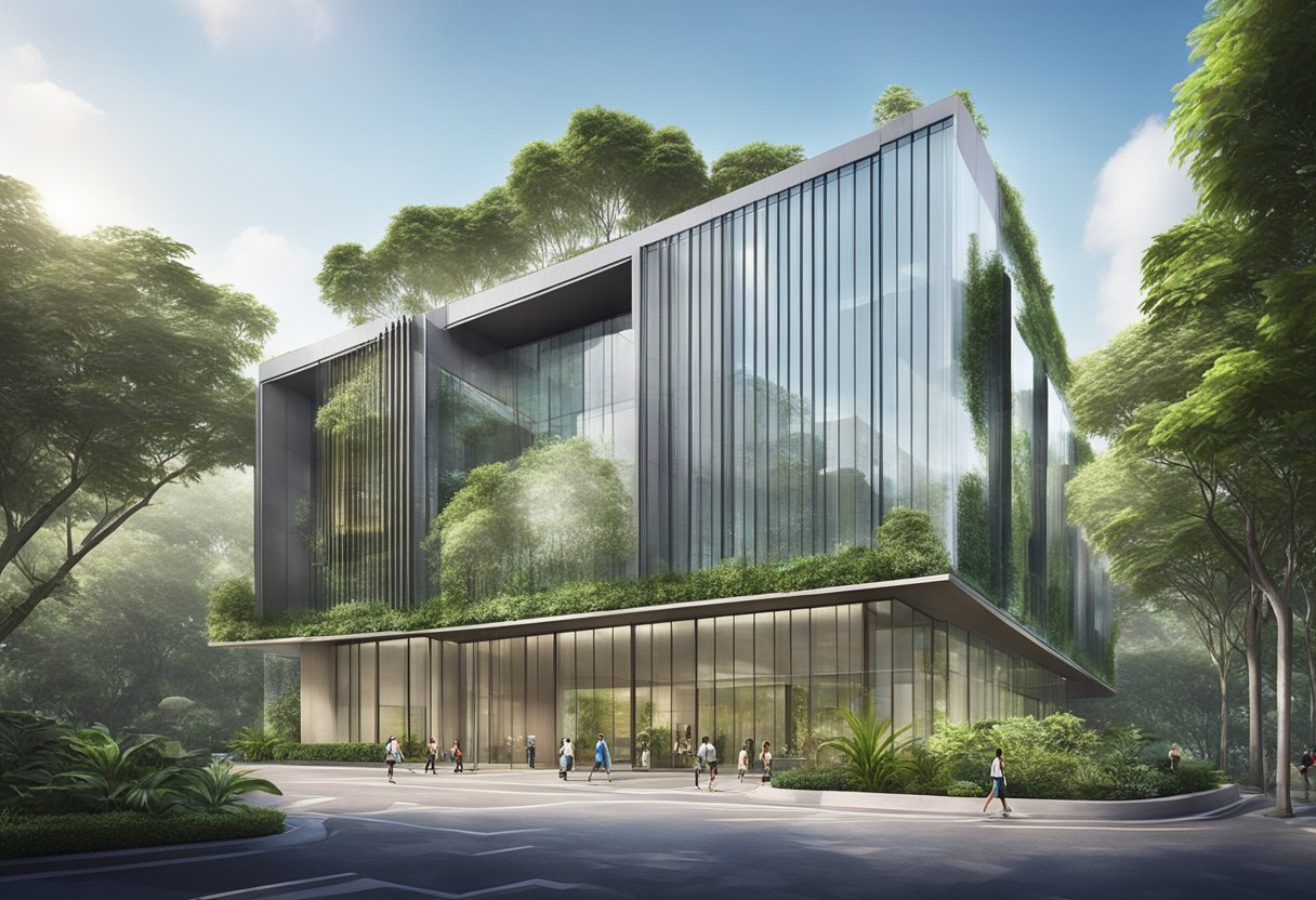The New Development Peace Centre in Singapore features modern architecture, with sleek glass facades and geometric shapes. The building is surrounded by lush greenery, with a serene and tranquil atmosphere