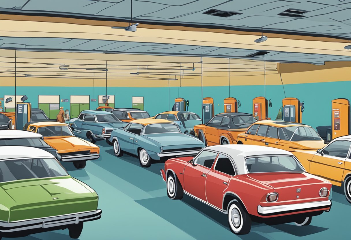Cars lined up at a service center, with a sign reading "Frequently Asked Questions" in the background