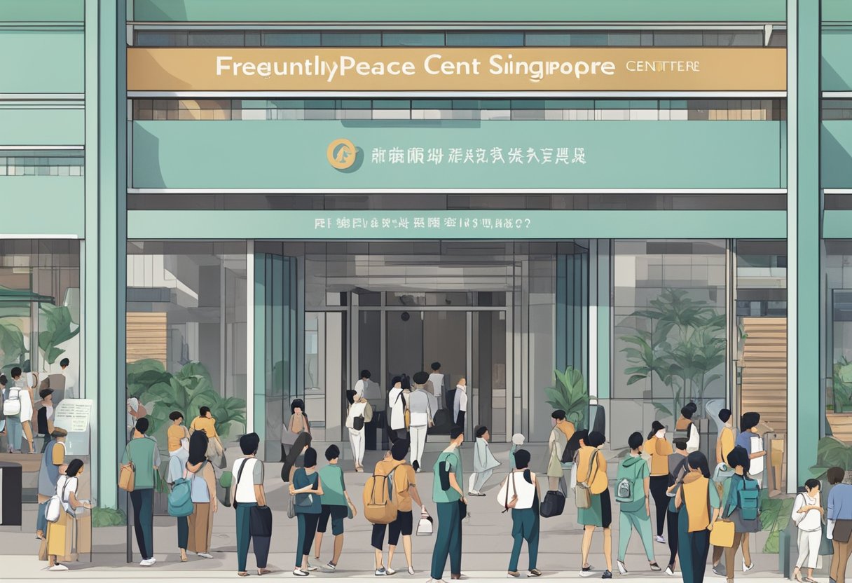 The Peace Centre in Singapore bustles with people seeking information, with a prominent sign displaying "Frequently Asked Questions" in bold lettering