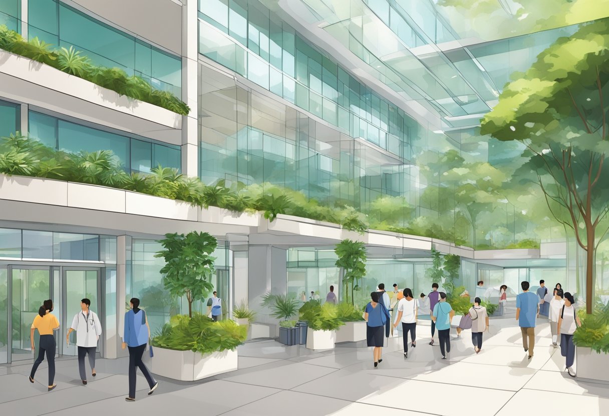 A bustling private hospital in Singapore with modern architecture and lush greenery, patients and staff moving through the entrance