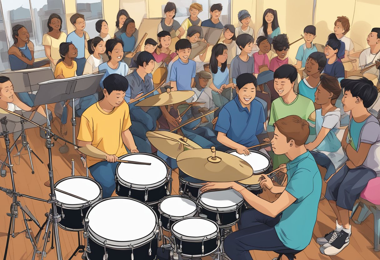 A drum set surrounded by enthusiastic students in a vibrant Singapore music studio