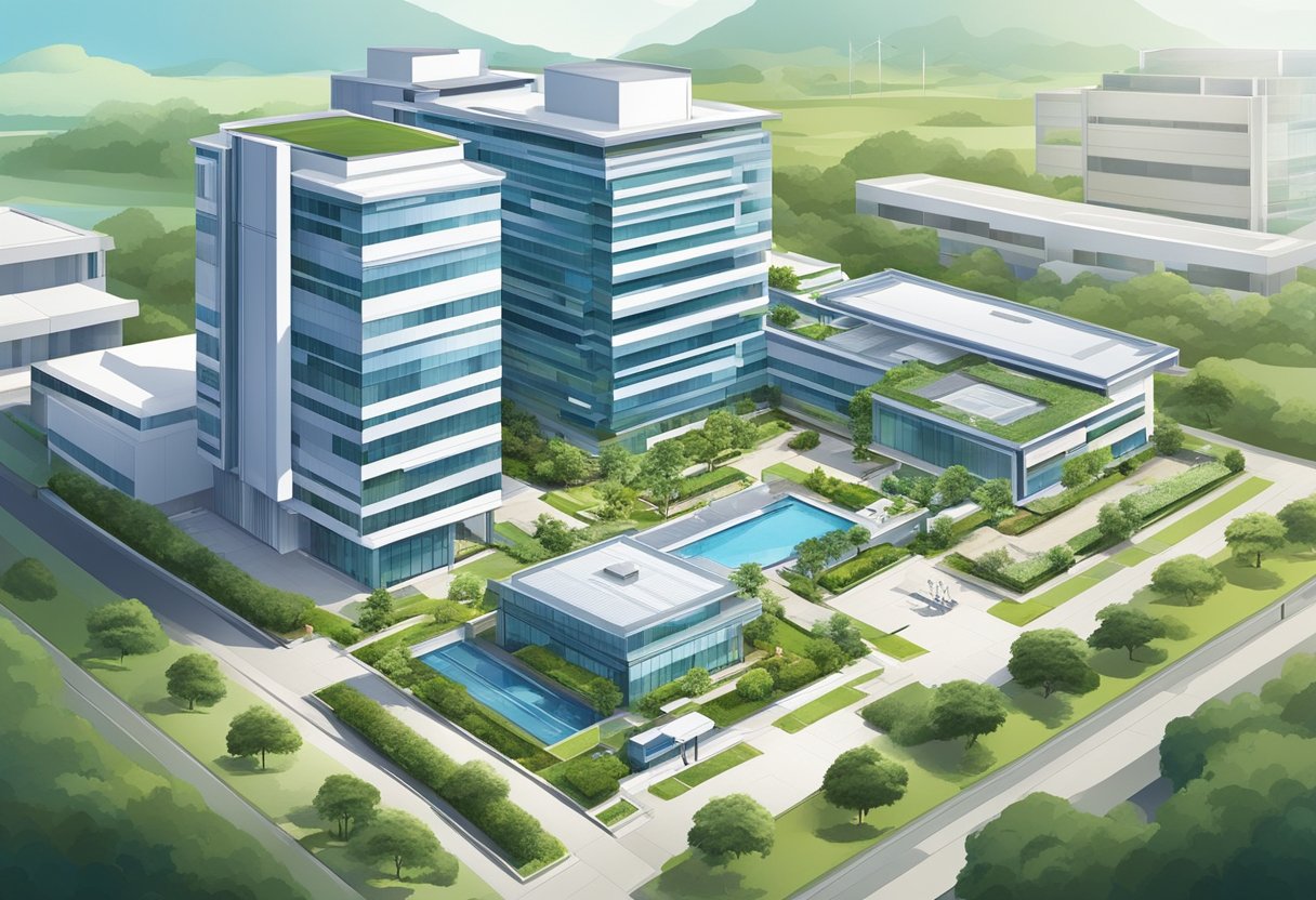 Aerial view of modern private hospitals in Singapore with landscaped grounds and sleek architecture