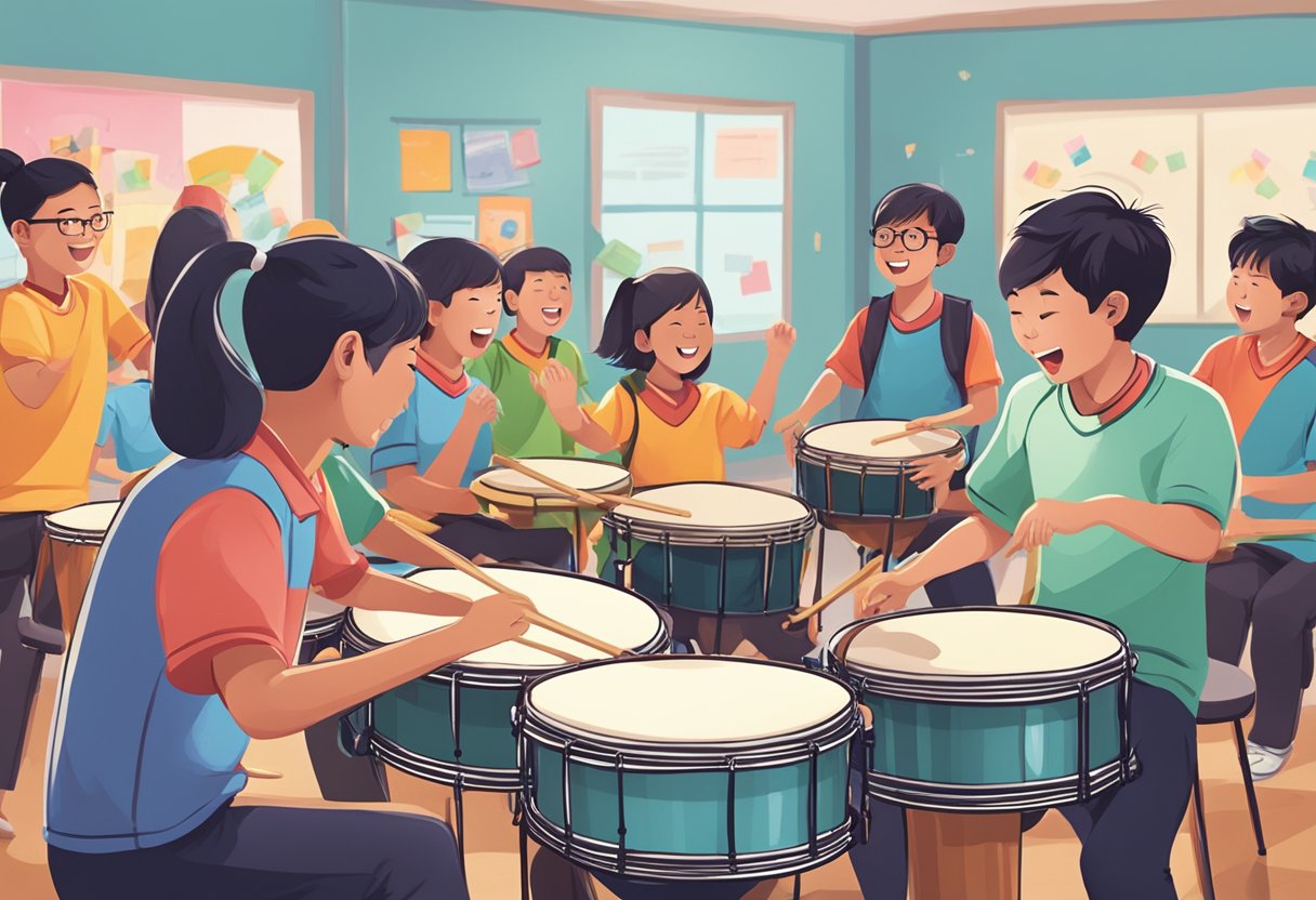 A group of students enthusiastically drumming in a vibrant Singapore classroom