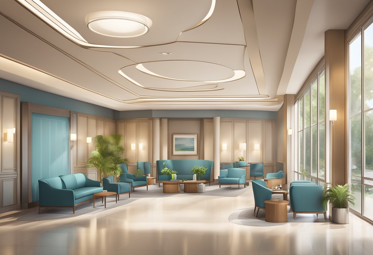 A luxurious hospital lobby with comfortable seating, a reception desk, and a soothing ambiance