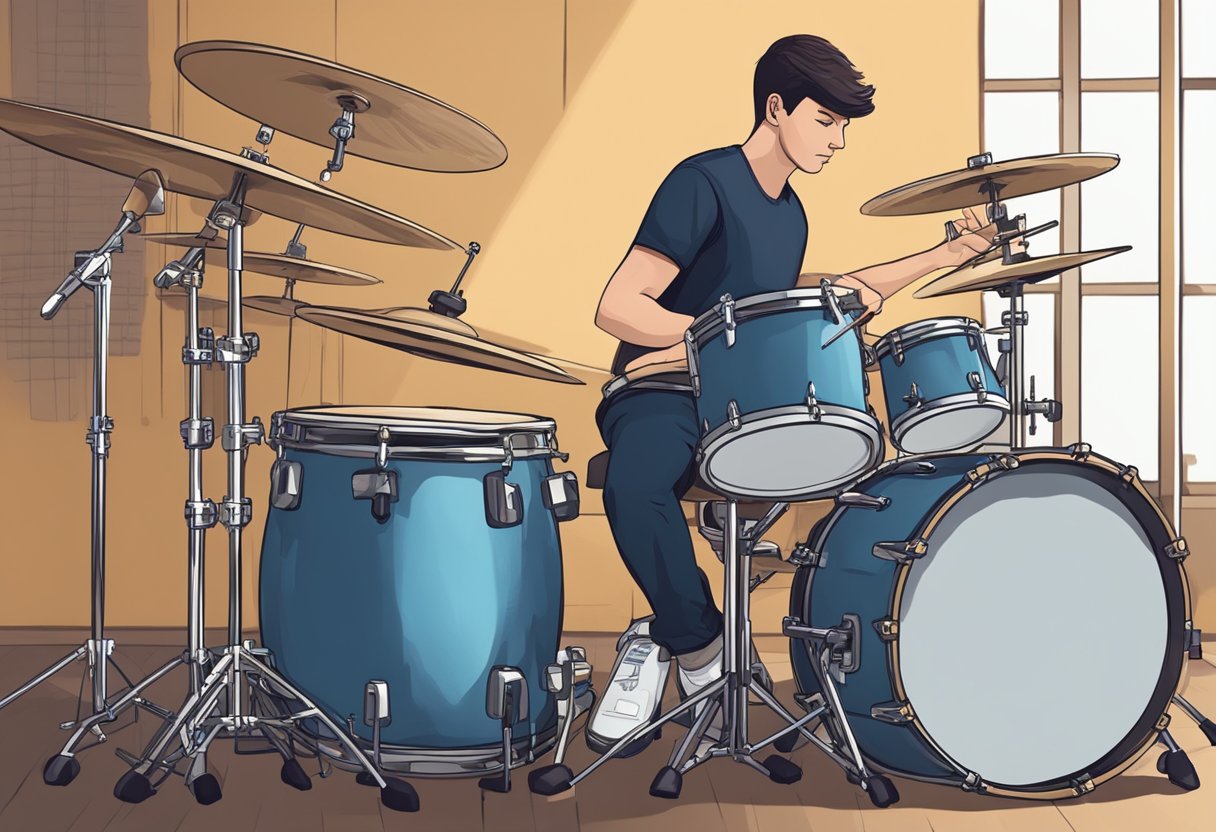 A drummer sits at a drum kit, focused on practicing various rhythms and techniques. The room is filled with the sound of drums as the instructor provides guidance and feedback