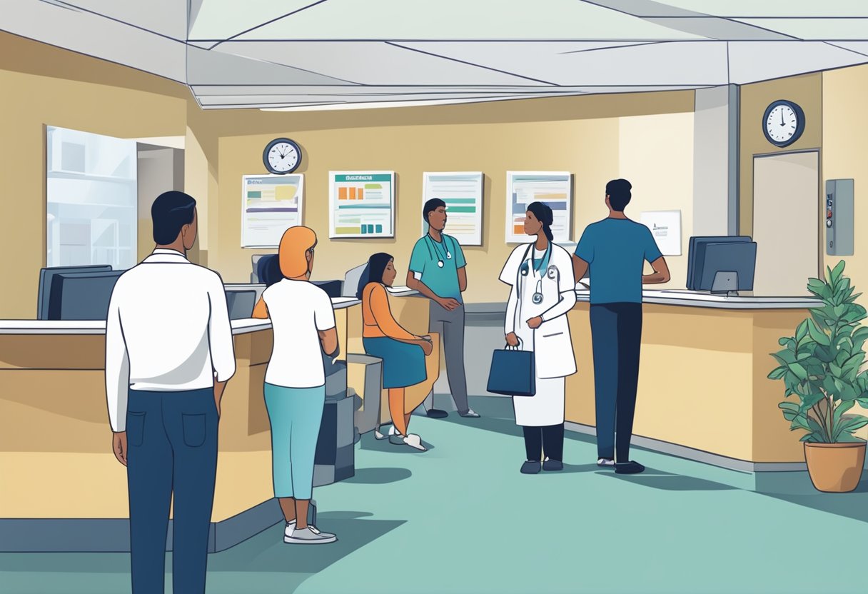 A busy hospital reception desk with people waiting, a sign indicating "Frequently Asked Questions," and staff assisting patients
