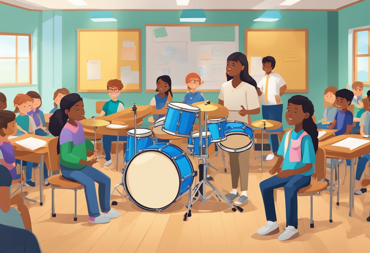 A drum set surrounded by eager students, with an instructor answering questions and providing guidance in a vibrant classroom setting