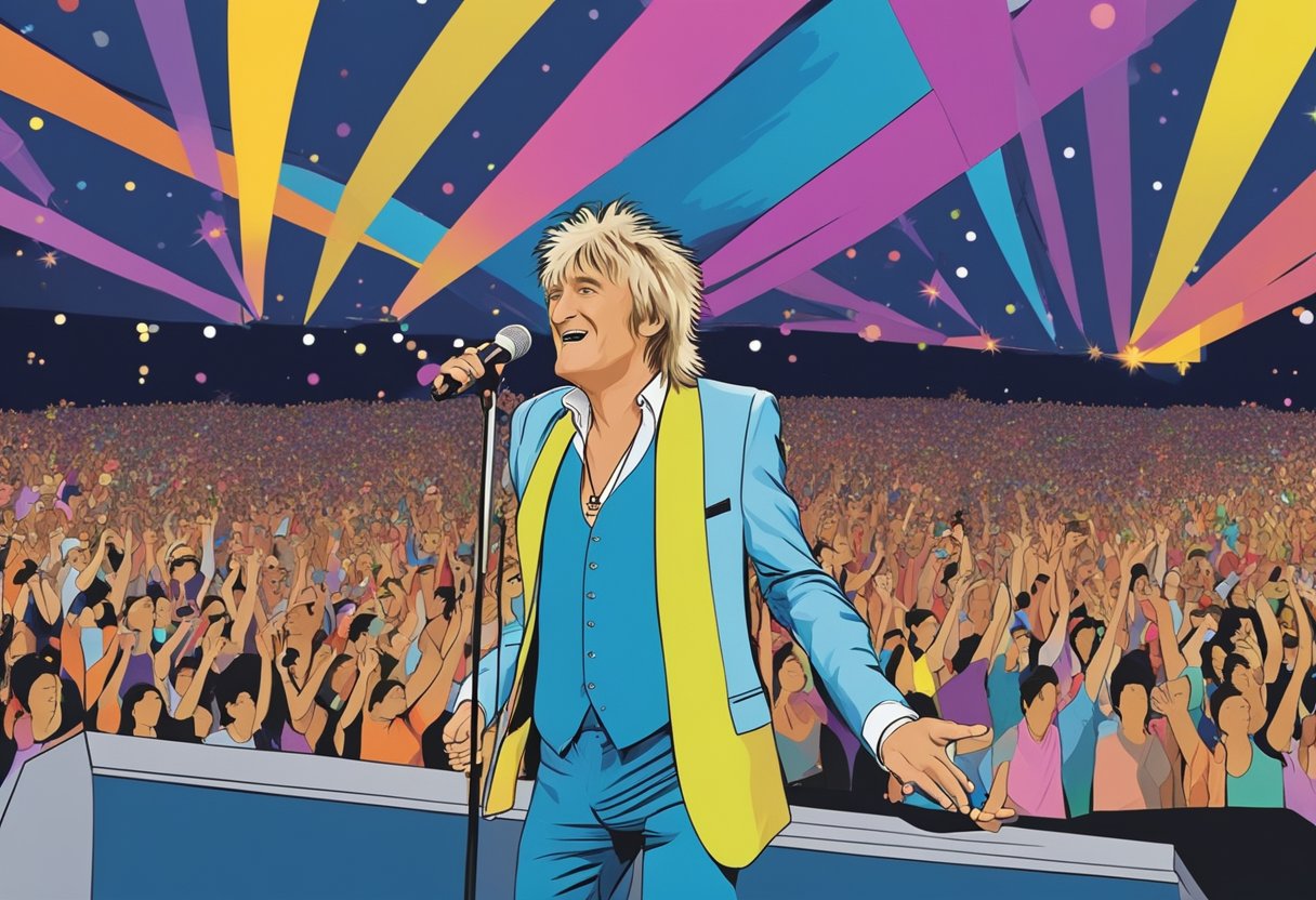Rod Stewart performs on stage in Singapore, surrounded by a sea of cheering fans and colorful stage lights